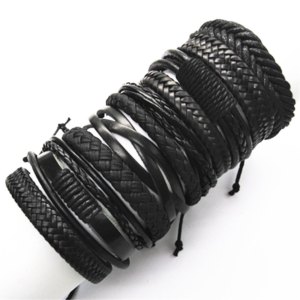 10pcs/set Black Wrap Woven   Handmade Men Bracelets Male Women Leather Bracelet Men Bangle  Jewelry Gift