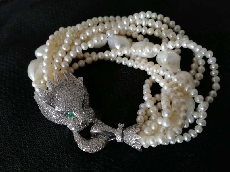 10rows pearl white near round baroque 3-5mm leopard clasp bracelet 8inch   beads nature