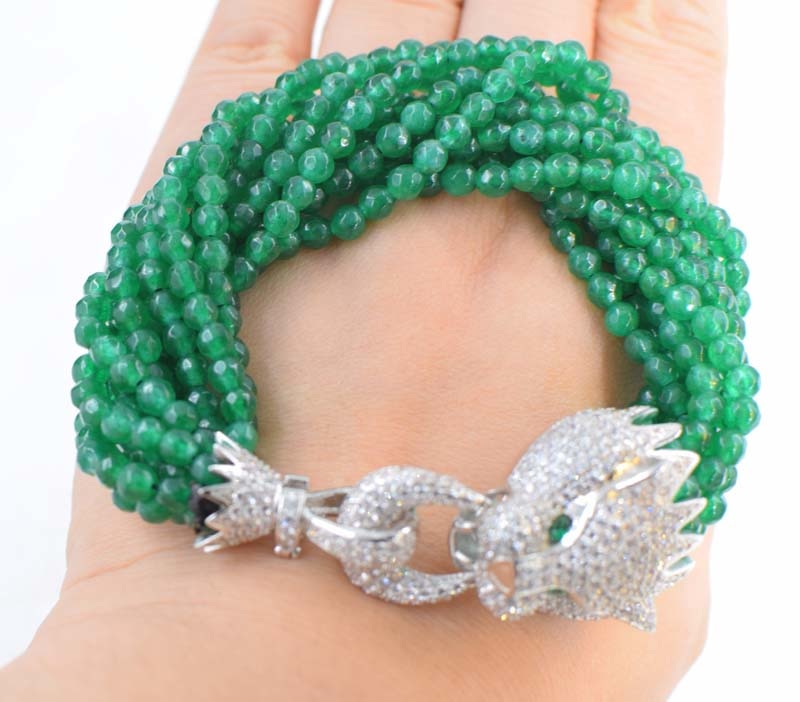 10rows green jade faceted round 4mm and leopard clasp bracelet 8inch   beads nature