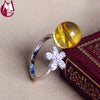 11mm Round Natural Amnber Fashion Flower With Diamond Simple Punk Jewelry Genuine 925 Sterling Silver Ring For Women New Arrival