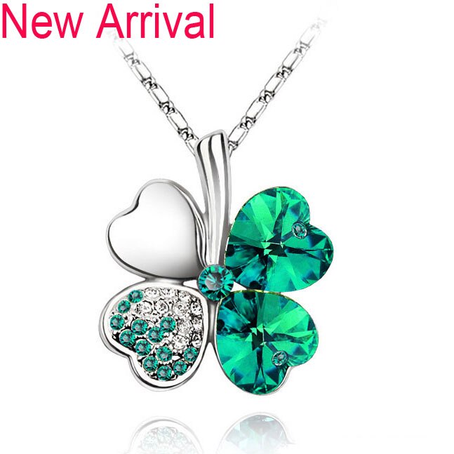 12 Color  Austrian Crystal Four Leaf Leaves Clover Heart Rhinestones Necklace Pendant for Women White Gold Color Jewelry