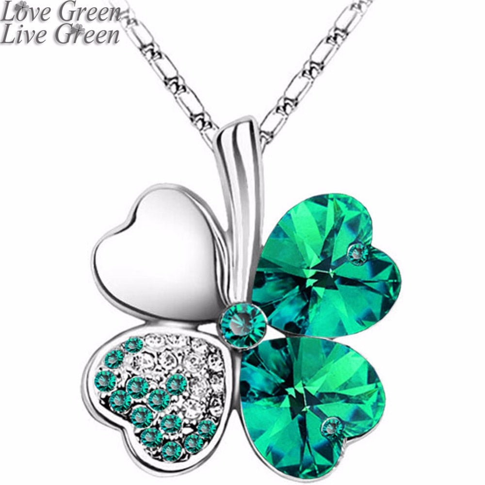 12 Color  Austrian Crystal Four Leaf Leaves Clover Heart Rhinestones Necklace Pendant for Women White Gold Color Jewelry