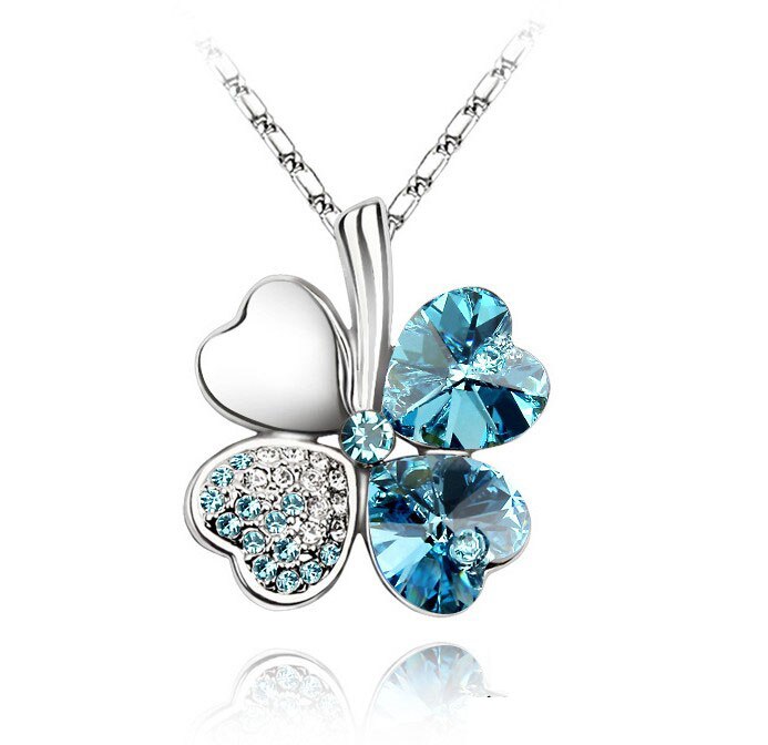12 Color  Austrian Crystal Four Leaf Leaves Clover Heart Rhinestones Necklace Pendant for Women White Gold Color Jewelry