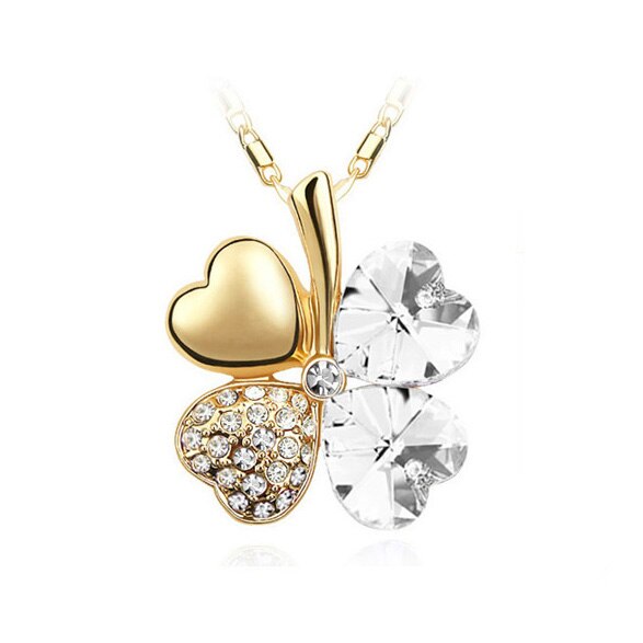 12 Color  Austrian Crystal Four Leaf Leaves Clover Heart Rhinestones Necklace Pendant for Women White Gold Color Jewelry