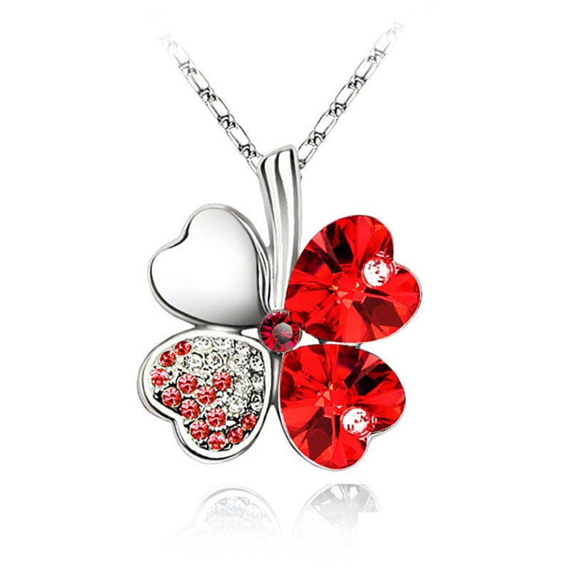 12 Color  Austrian Crystal Four Leaf Leaves Clover Heart Rhinestones Necklace Pendant for Women White Gold Color Jewelry