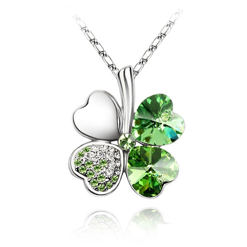 12 Color  Austrian Crystal Four Leaf Leaves Clover Heart Rhinestones Necklace Pendant for Women White Gold Color Jewelry