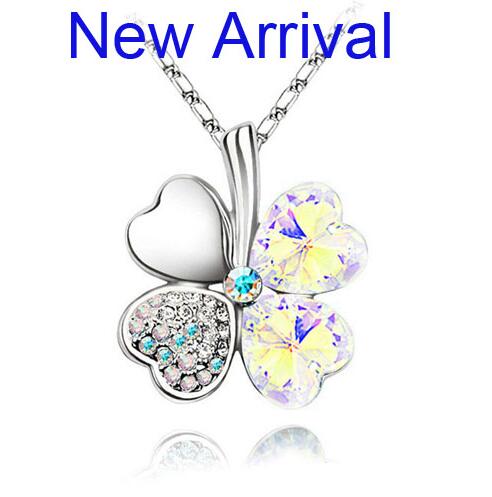 12 Color  Austrian Crystal Four Leaf Leaves Clover Heart Rhinestones Necklace Pendant for Women White Gold Color Jewelry