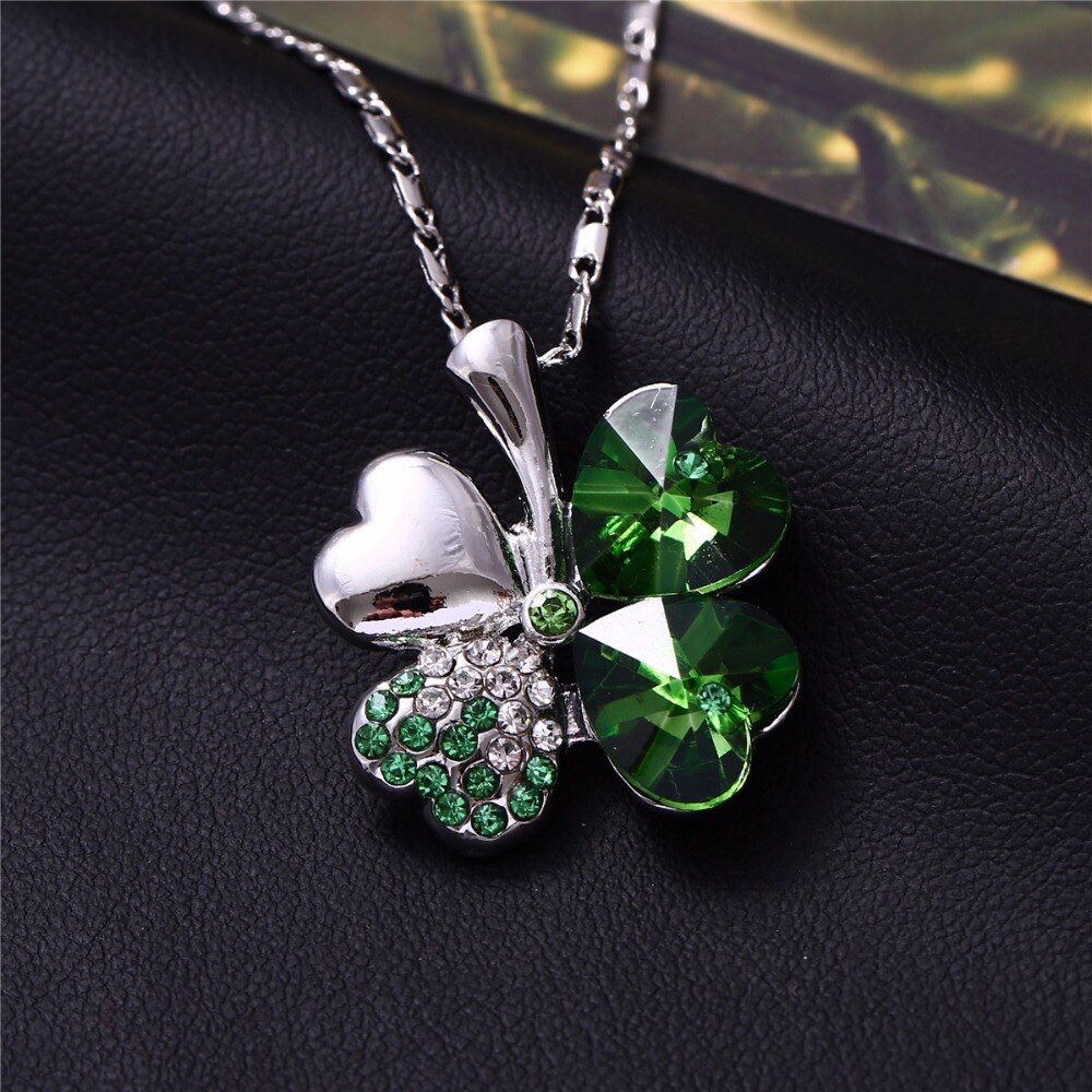 12 Color  Austrian Crystal Four Leaf Leaves Clover Heart Rhinestones Necklace Pendant for Women White Gold Color Jewelry