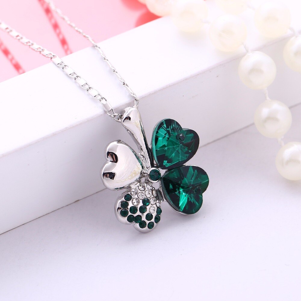 12 Color  Austrian Crystal Four Leaf Leaves Clover Heart Rhinestones Necklace Pendant for Women White Gold Color Jewelry
