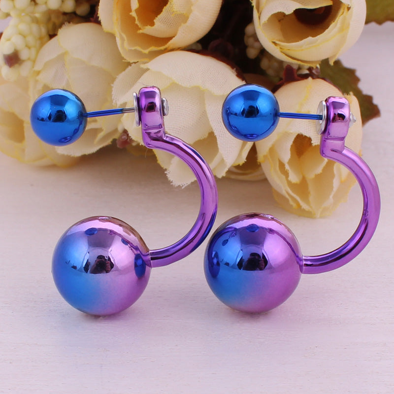 12 Colors Aros Women Double Side Pearl Earrings Gradient Colorful Ear Cartilage Statement Double Ball Stud Earrings For Women