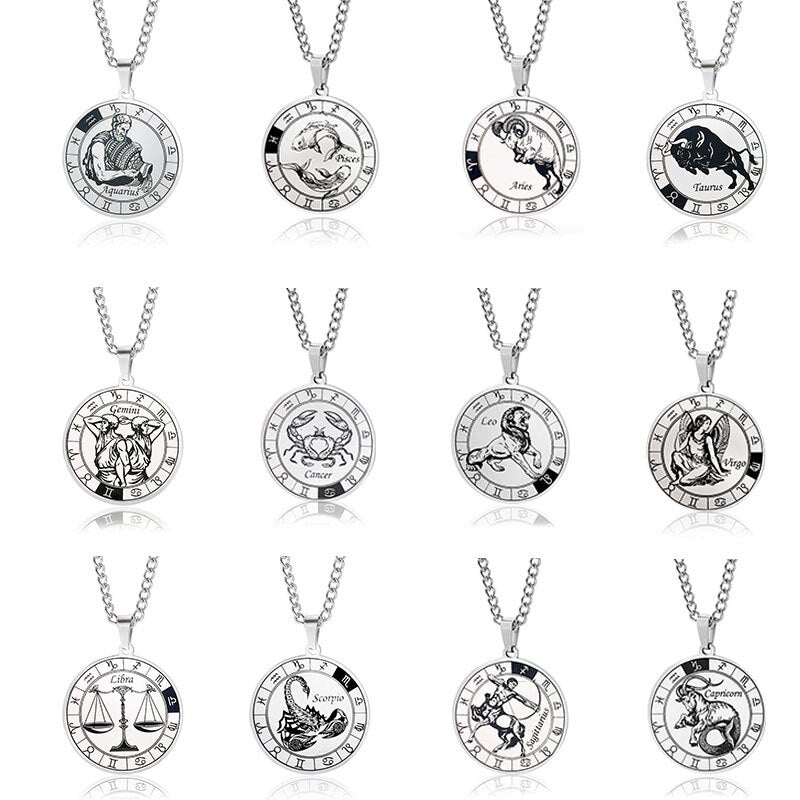 12 Constellation Stainless Steel Necklace Pendant for Men Domineering Leo Gemini Sagittarius Libra Taurus Couple Jewelry Gift