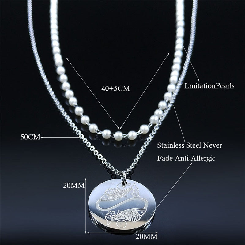 12 Constellations Stainless Steel Pearl Astrology Pisces Charm Necklace Women Silver Color Jewelry collar de perlas N9209S04