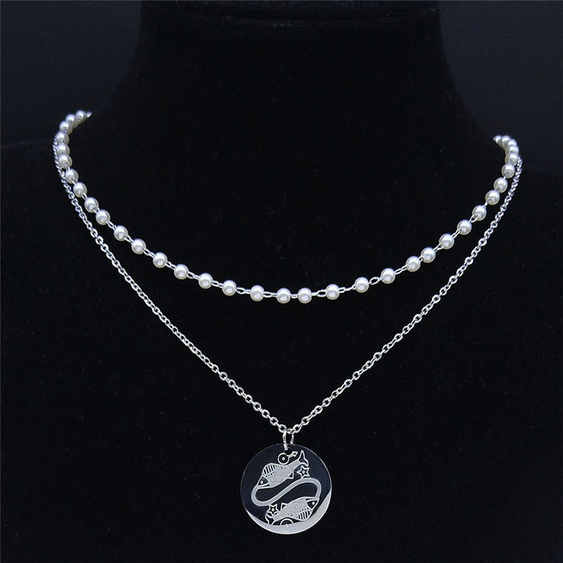 12 Constellations Stainless Steel Pearl Astrology Pisces Charm Necklace Women Silver Color Jewelry collar de perlas N9209S04