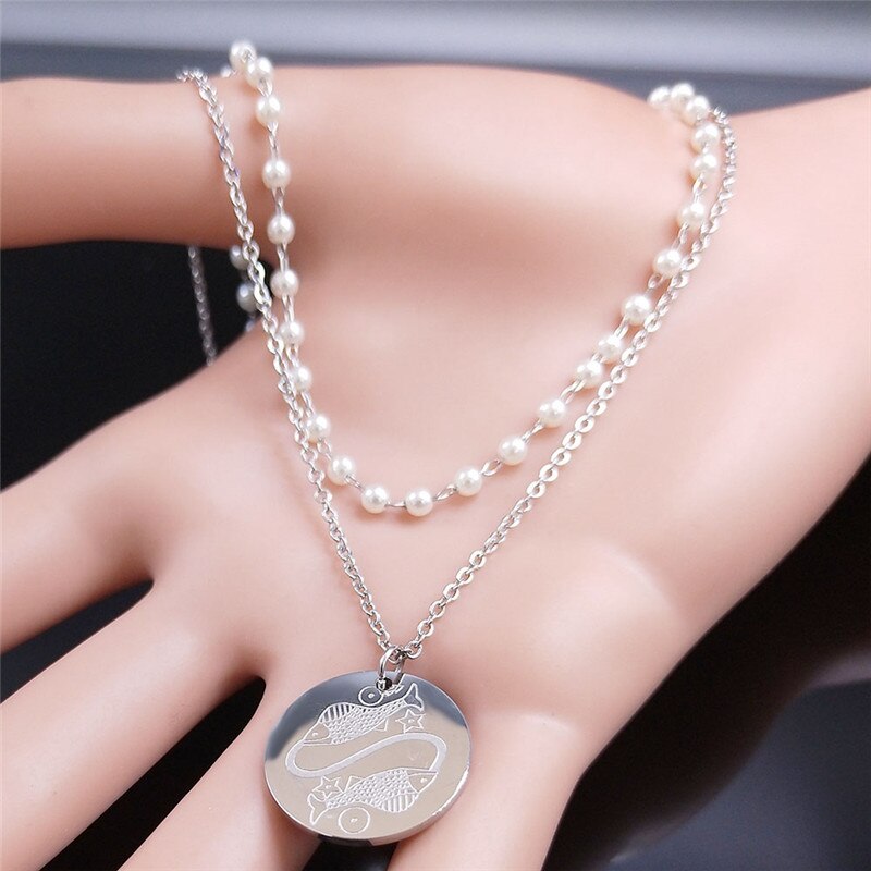 12 Constellations Stainless Steel Pearl Astrology Pisces Charm Necklace Women Silver Color Jewelry collar de perlas N9209S04