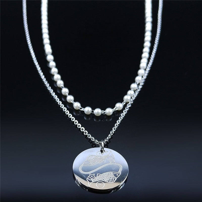 12 Constellations Stainless Steel Pearl Astrology Pisces Charm Necklace Women Silver Color Jewelry collar de perlas N9209S04