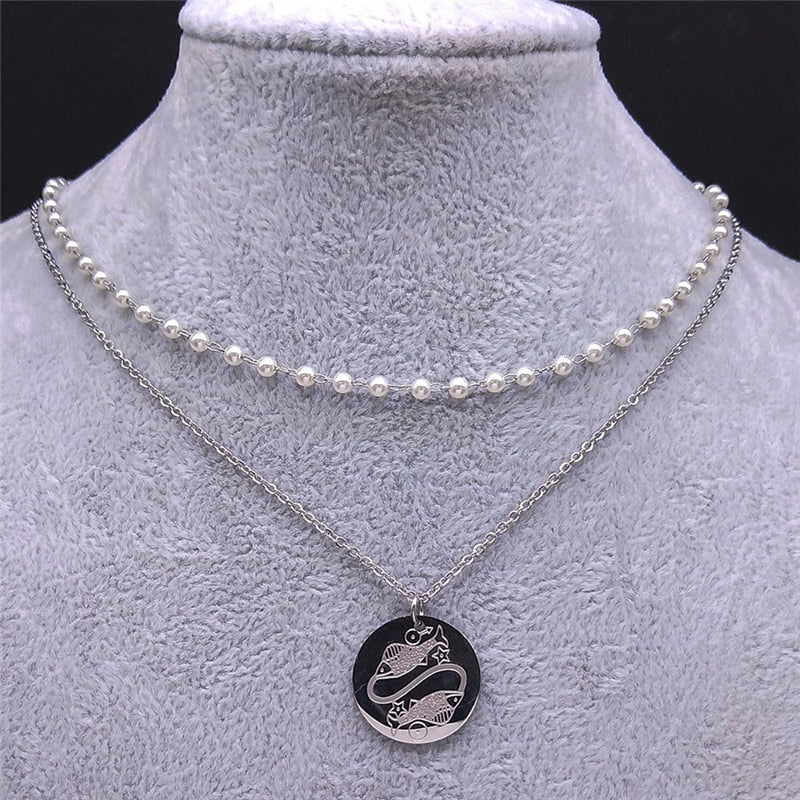 12 Constellations Stainless Steel Pearl Astrology Pisces Charm Necklace Women Silver Color Jewelry collar de perlas N9209S04