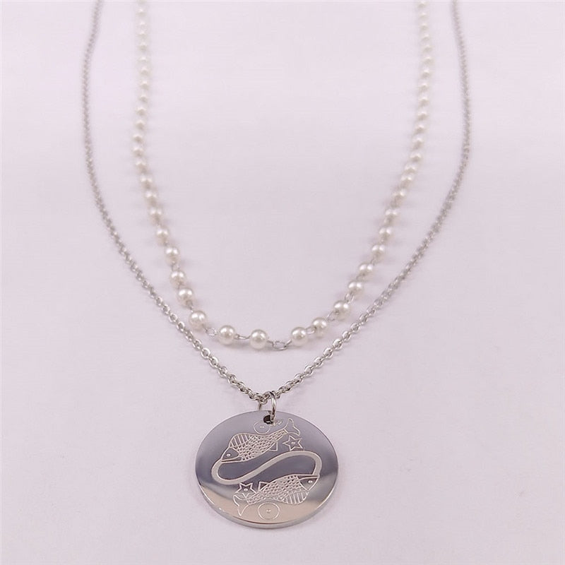 12 Constellations Stainless Steel Pearl Astrology Pisces Charm Necklace Women Silver Color Jewelry collar de perlas N9209S04