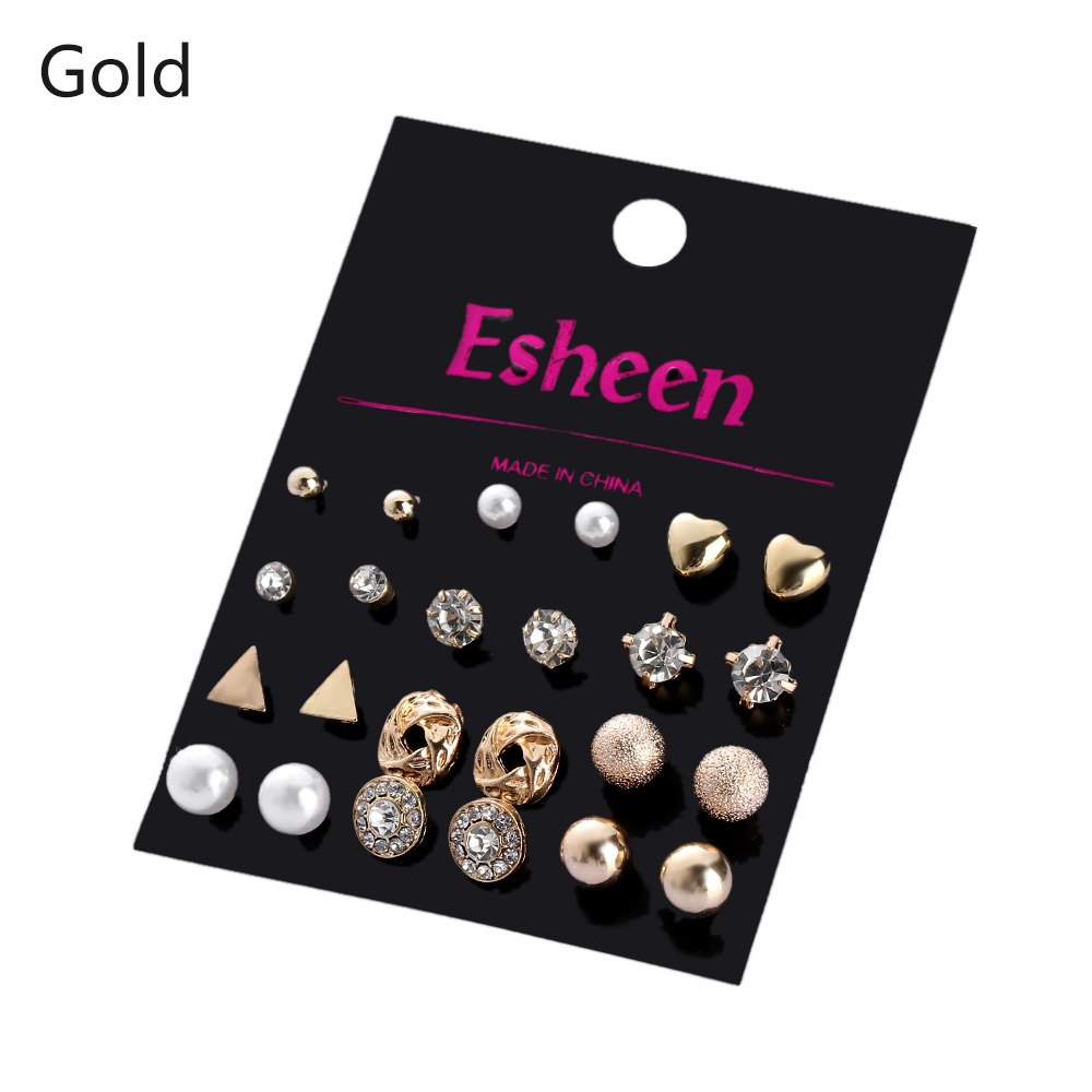 12 Pairs/sets Round Square Ball Alloy Crystal Stud Earring Kit Heart Pearl Earrings For Women Cute Stud Earrings Sets Jewelry