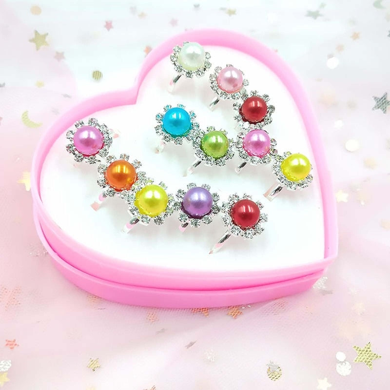 12 Pcs/box Adjustable Alloy Baby Girl Rings  Cartoon Children Girl Rings with Heart Shaped Showcase for Party