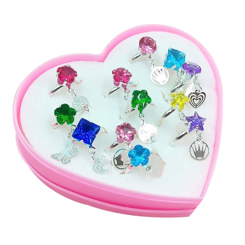 12 Pcs/box Adjustable Alloy Baby Girl Rings  Cartoon Children Girl Rings with Heart Shaped Showcase for Party