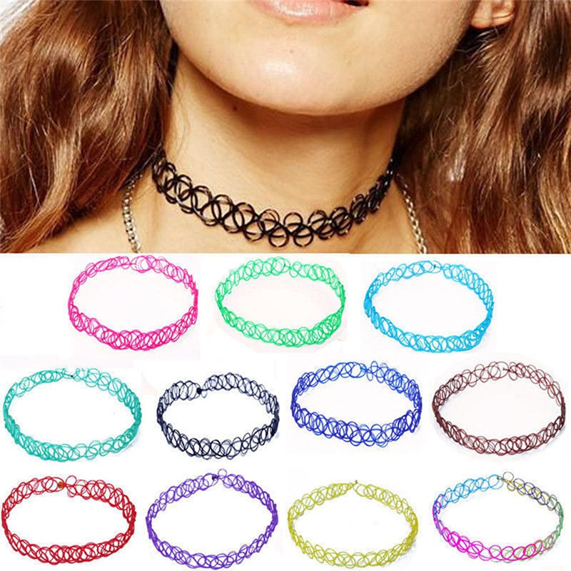 12 Pcs/pack 12 colors Tattoo rainbow chokers Necklace Vintage Stretch Quarz Elastic Henna Gothic Punk Elastic Women jewelry