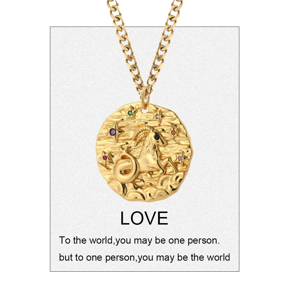 12 Zodiac Constellation Necklace for Women Gold Amulet Vintage Coin Woman's Pendant Copper Pave CZ Trendy Punk Collars friend