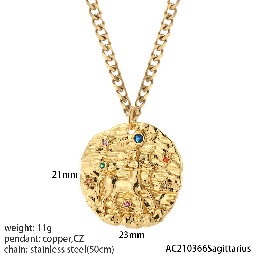 12 Zodiac Constellation Necklace for Women Gold Amulet Vintage Coin Woman's Pendant Copper Pave CZ Trendy Punk Collars friend
