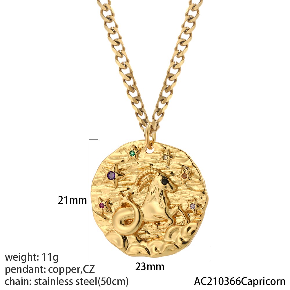 12 Zodiac Constellation Necklace for Women Gold Amulet Vintage Coin Woman's Pendant Copper Pave CZ Trendy Punk Collars friend