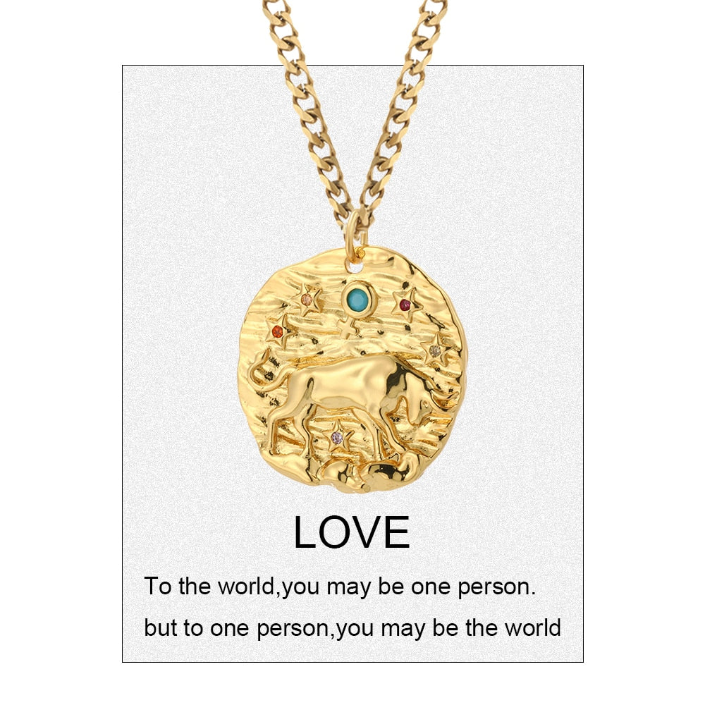 12 Zodiac Constellation Necklace for Women Gold Amulet Vintage Coin Woman's Pendant Copper Pave CZ Trendy Punk Collars friend