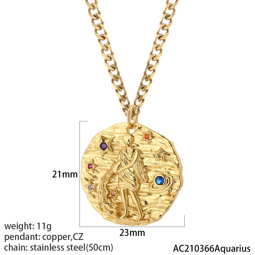 12 Zodiac Constellation Necklace for Women Gold Amulet Vintage Coin Woman's Pendant Copper Pave CZ Trendy Punk Collars friend