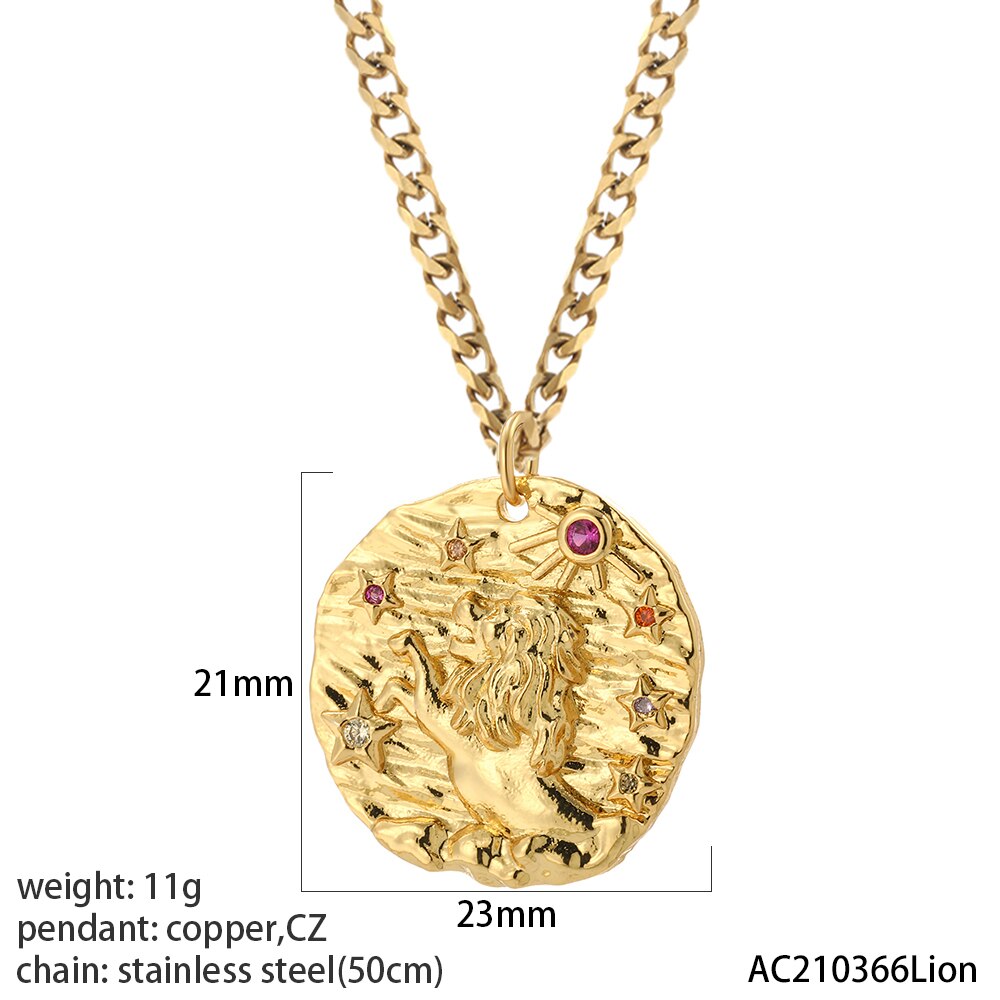 12 Zodiac Constellation Necklace for Women Gold Amulet Vintage Coin Woman's Pendant Copper Pave CZ Trendy Punk Collars friend