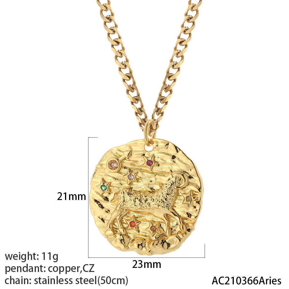 12 Zodiac Constellation Necklace for Women Gold Amulet Vintage Coin Woman's Pendant Copper Pave CZ Trendy Punk Collars friend