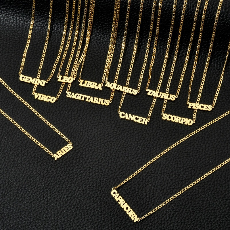 12 Zodiac Constellations Pendants Necklaces For Women Men Gold Color Figaro Chain Letter Jewelry Birthday Gifts