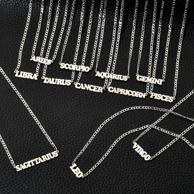 12 Zodiac Constellations Pendants Necklaces For Women Men Gold Color Figaro Chain Letter Jewelry Birthday Gifts