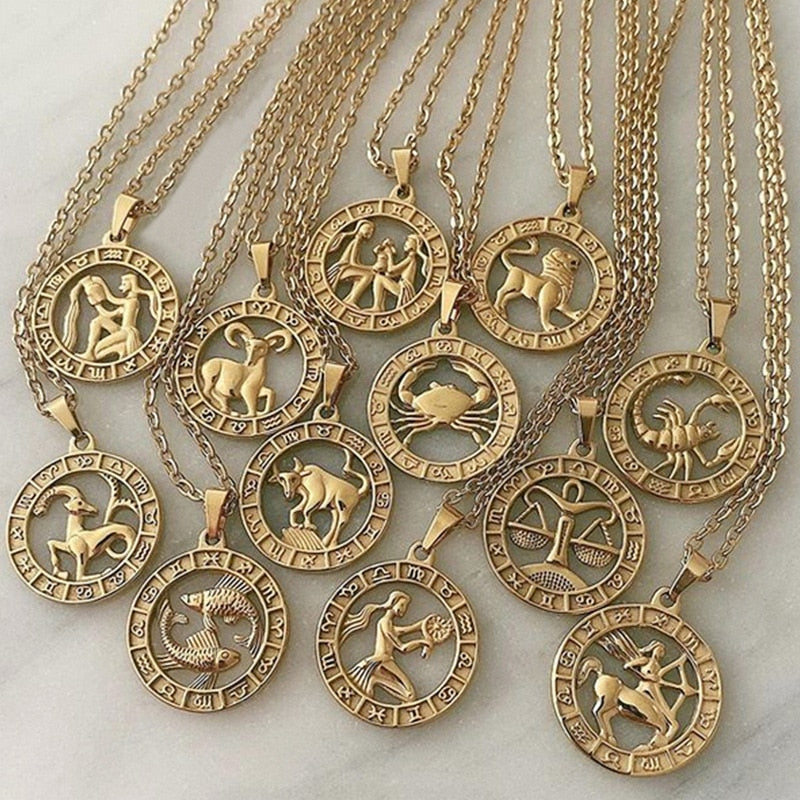 12 Zodiac Letter Constellations Pendants Necklace For Women Men Virgo Libra Scorpio Sagittarius Capricorn Aquarius Birthday Gift