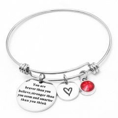 12 colors Birthstones Heart Charm Bracelet Inspirational Quote Wire Bangle for Women Friends Birthd Gift Jewelry You're Braver
