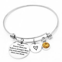 12 colors Birthstones Heart Charm Bracelet Inspirational Quote Wire Bangle for Women Friends Birthd Gift Jewelry You're Braver