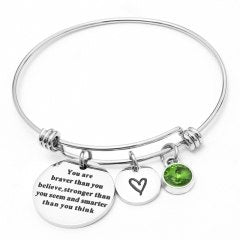 12 colors Birthstones Heart Charm Bracelet Inspirational Quote Wire Bangle for Women Friends Birthd Gift Jewelry You're Braver