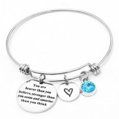 12 colors Birthstones Heart Charm Bracelet Inspirational Quote Wire Bangle for Women Friends Birthd Gift Jewelry You're Braver