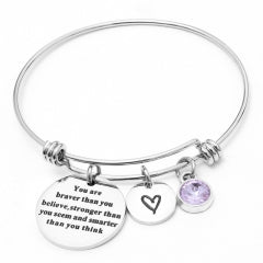 12 colors Birthstones Heart Charm Bracelet Inspirational Quote Wire Bangle for Women Friends Birthd Gift Jewelry You're Braver