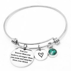 12 colors Birthstones Heart Charm Bracelet Inspirational Quote Wire Bangle for Women Friends Birthd Gift Jewelry You're Braver