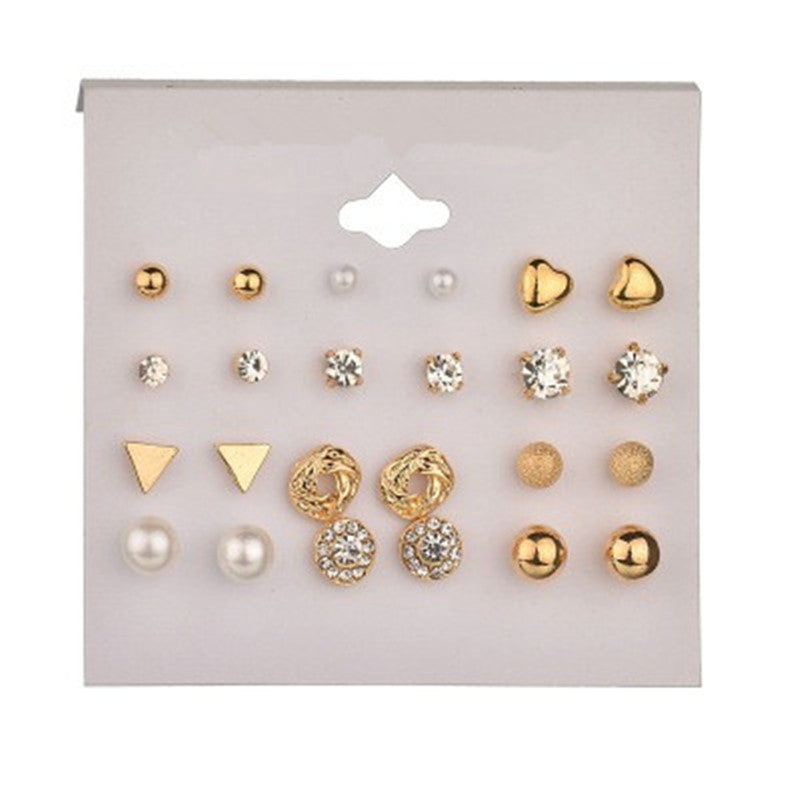 12 pairs/bag. AliExpress Explosion Set Earrings Fashion Square Imitation Zircon Peach Heart Rhinestone Earrings Women Perforated