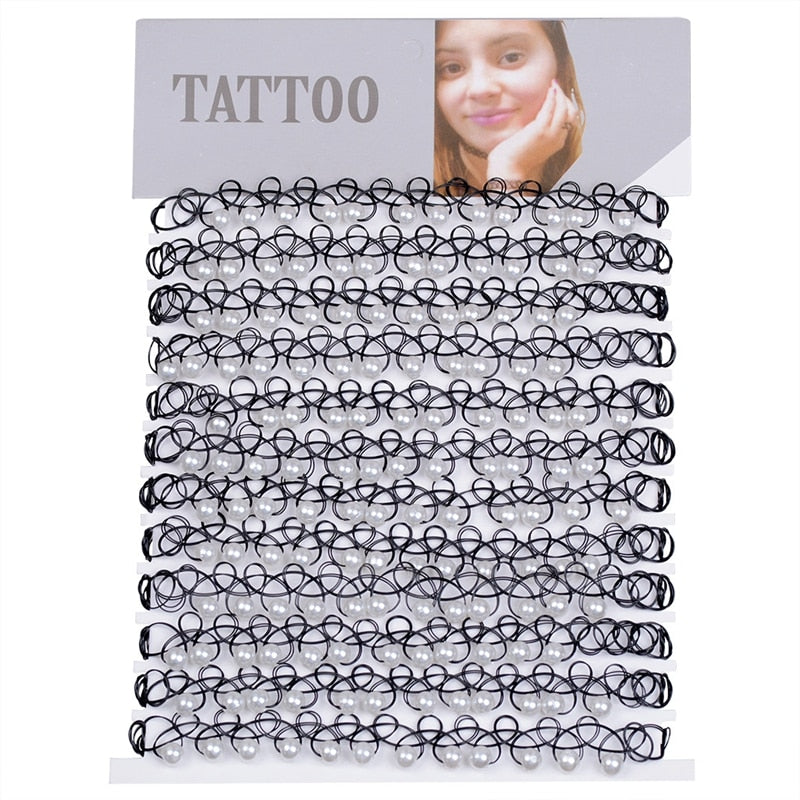 12 pcs/Set Fishline Tattoo Black Chokers Necklace Vintage Stretch Henna Gothic Punk Elastic Hollow Chocker Women Jewelry