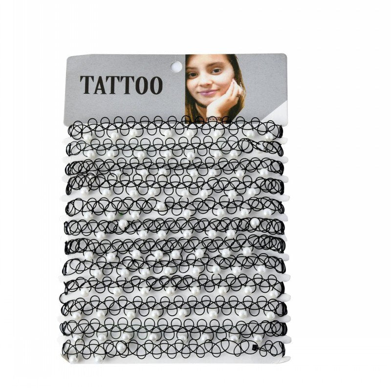 12 pcs/Set Fishline Tattoo Black Chokers Necklace Vintage Stretch Henna Gothic Punk Elastic Hollow Chocker Women Jewelry HOT