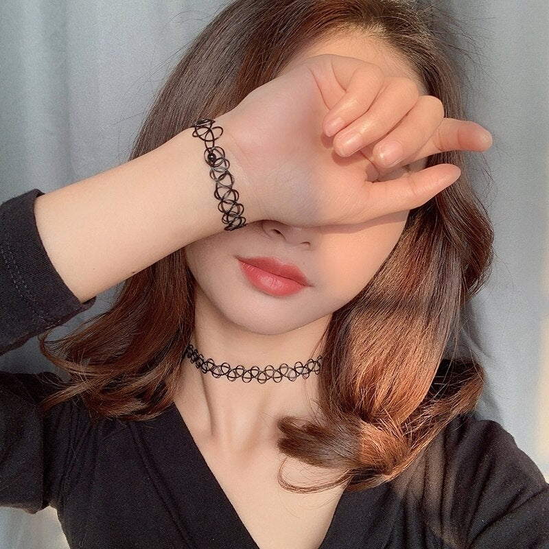 12 pcs/Set Fishline Tattoo Black Chokers Necklace Vintage Stretch Henna Gothic Punk Elastic Hollow Chocker Women Jewelry HOT
