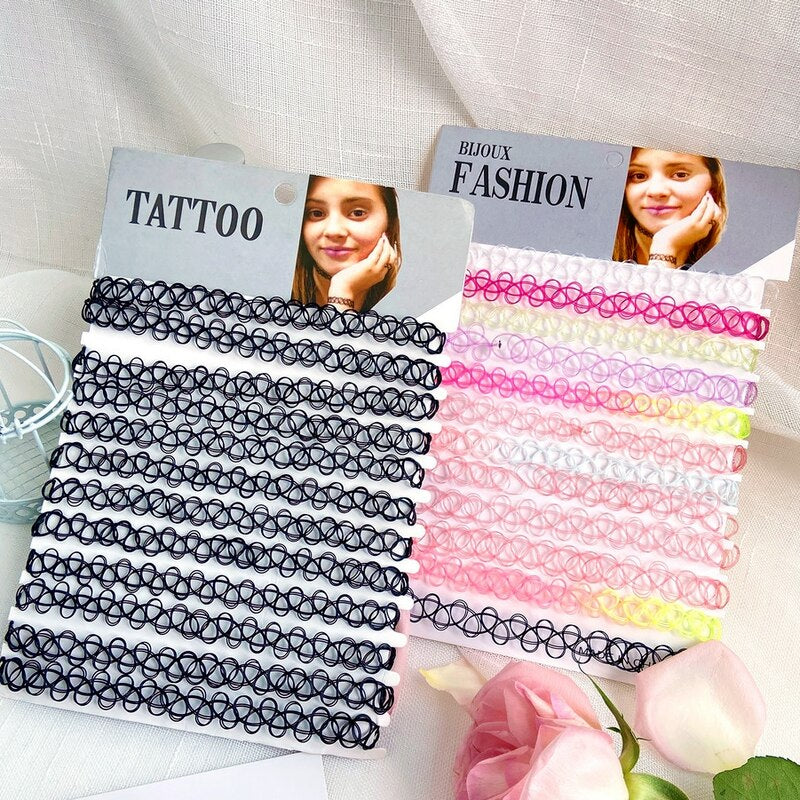 12 pcs/Set Fishline Tattoo Black Chokers Necklace Vintage Stretch Henna Gothic Punk Elastic Hollow Chocker Women Jewelry NICE