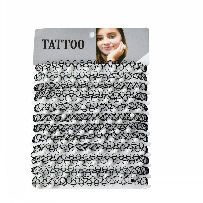 12 pcs/Set Fishline Tattoo Black Chokers Necklace Vintage Stretch Henna Gothic Punk Elastic Hollow Chocker Women Jewelry NICE