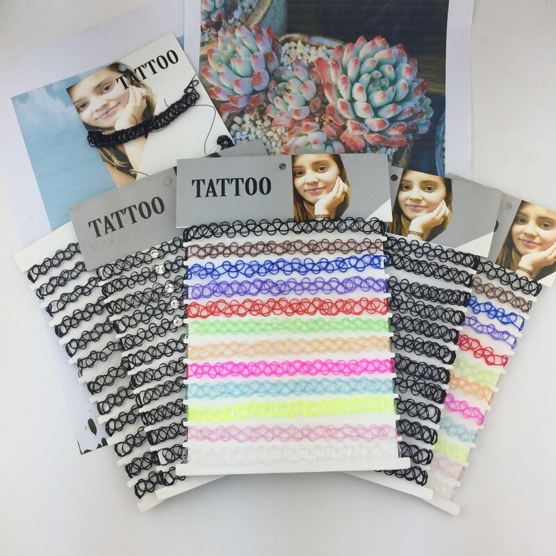 12 pcs/Set Fishline Tattoo Black Chokers Necklace Vintage Stretch Henna Gothic Punk Elastic Hollow Chocker Women Jewelry HOT