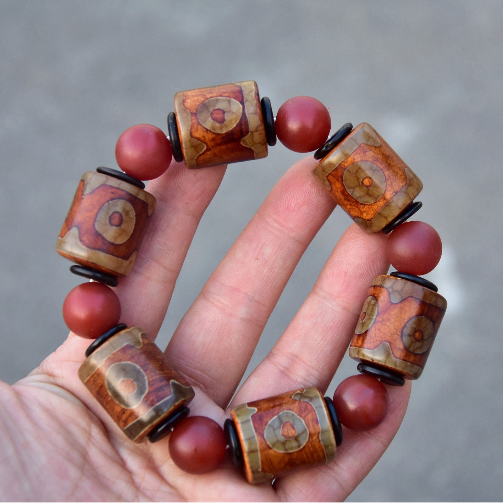 129g Old Tibetan Natural Agate 3 Eyes Pattern LARGE Dzi Bead 22x20MM