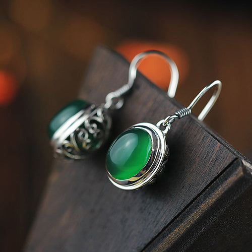 12MM Natural Stone Gem Jade Earrings 925 Sterling Silver Drop Earrings For Women Jewelry Vintage Hollow Flower Earrings SE08